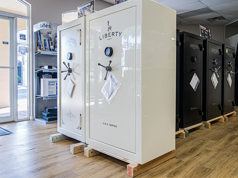 High-quality American-made gun safes in A Locksmith Naples showroom