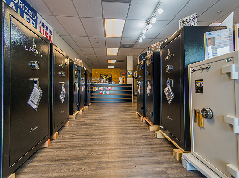 Showroom display of fireproof safes at A Locksmith